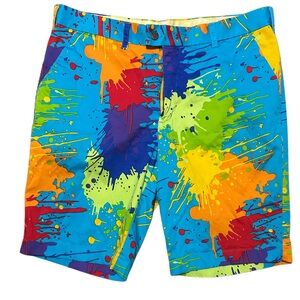 Loudmouth Golf "Blasterpiece" golf shorts with a multicolor paint splatter 38